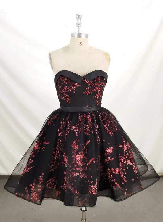 Cute Black Lace Floral Short Party Dress , Black Homecoming Dress Tunics Stylish elegant