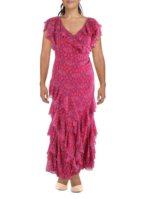 Womens Geo Print Long Evening Dress Tunics Lace romantic