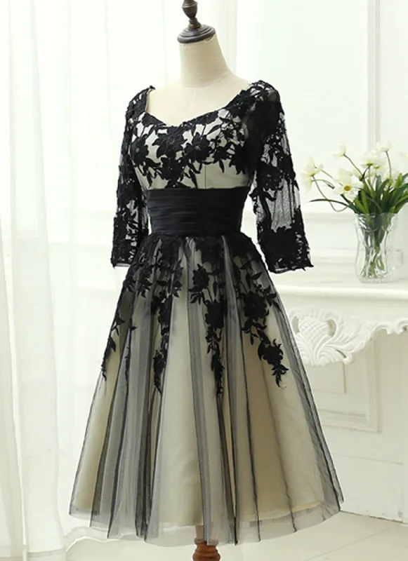 Elegant Black Tea Length Bridesmaid Dress, Wedding Party Dress A-Line Day Work