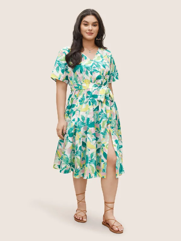 Overlap Collar Plants Print Elastic Waist Belted Dress Tunics Trousers formal