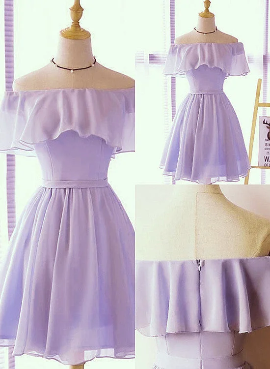 Simple Light Purple Chiffon Off the Shoulder Bridesmaid Dress, Short Party Dress Tunics Luxurious premium