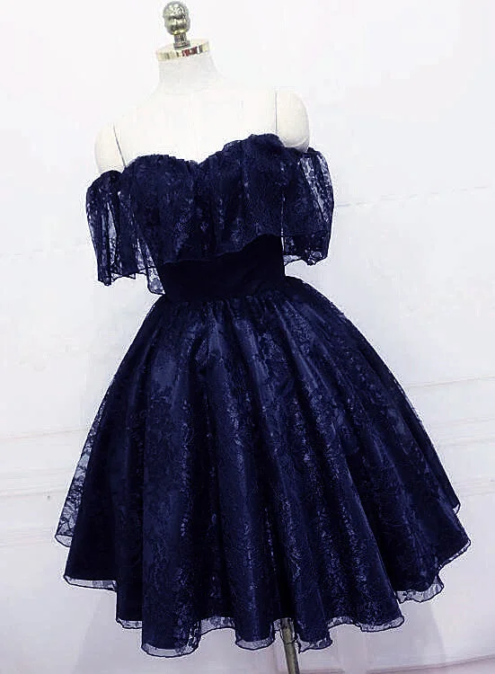 Navy Blue Lace Short Off Shoulder Prom Dress Party Dress, Blue Lace Homecoming Dresses Tunics Designer luxury