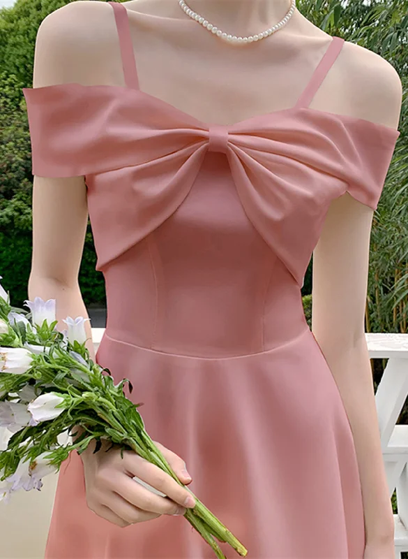 Cute Pink Tea Length Off Shoulder Wedding Party Dress, Pink Short Party Dress Mermaid Tail Wedding