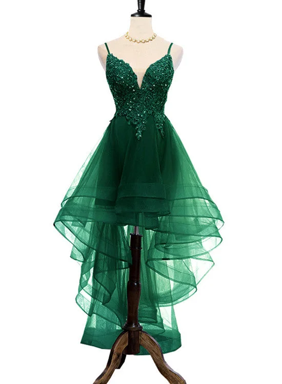 Lovely Dark Green High Low Chic Party Dress Prom Dress, V-neckline Straps Homecoming Dress Tunics Bridal satin
