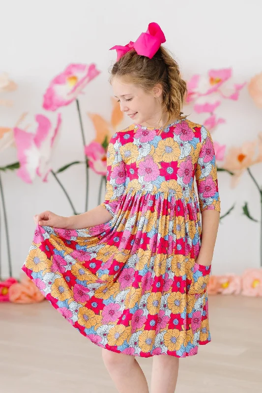 Wonderland Floral 3/4 Sleeve Pocket Twirl Dress Tunics New arrival