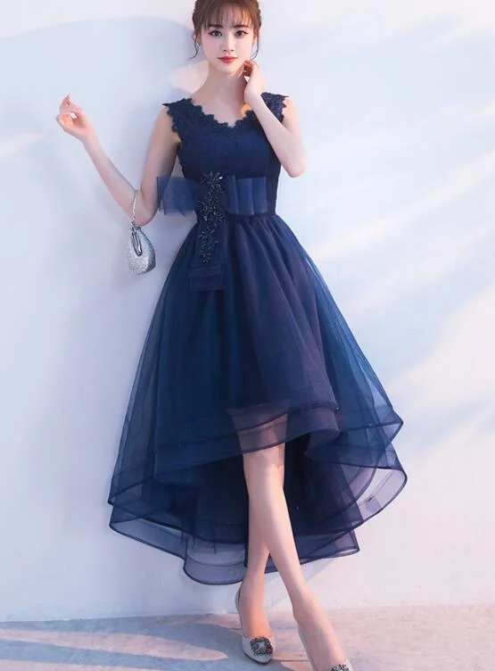 Navy Blue V-neckline High Low Tulle Party Dress, Blue Homecoming Dress Tunics Sophisticated sleek