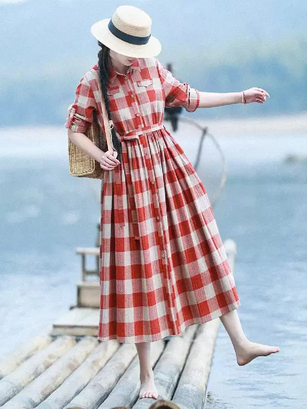 Women Spring Artsy Plaid Turn-down Collar 100%Cotton Dress Tunics Sophisticated sleek