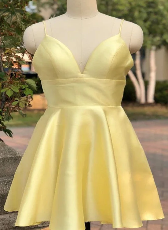 Cute Yellow Satin Short Straps Party Dress,Homecoming Dress Tunics Plaid country