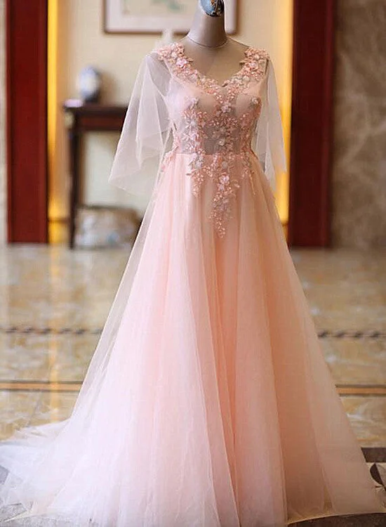 Pink Tulle Flower Lace V-neckline Floor Length Party Dresses, Lovely Pink Prom Dress Tunics Exclusive limited