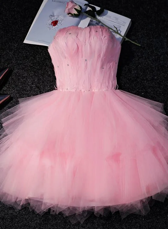 Lovely Pink Tulle Short Party Dress with Feather, Cute Pink Homecoming Dress Tunics Brand named