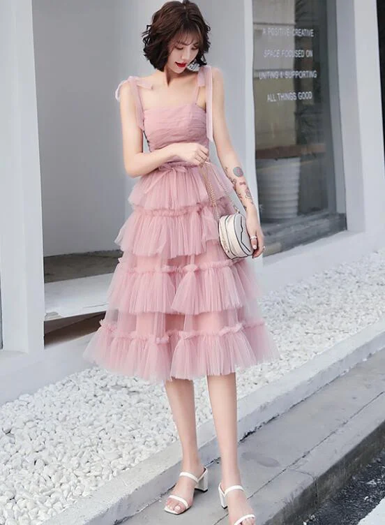 Lovely Pink Straps Layers Tea Length Wedding Party Dress, Pink Formal Dress Tunics Denim casual