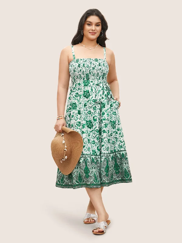 Bandana Print Shirred Patchwork Pocket Cami Dress Tunics Solid Classic