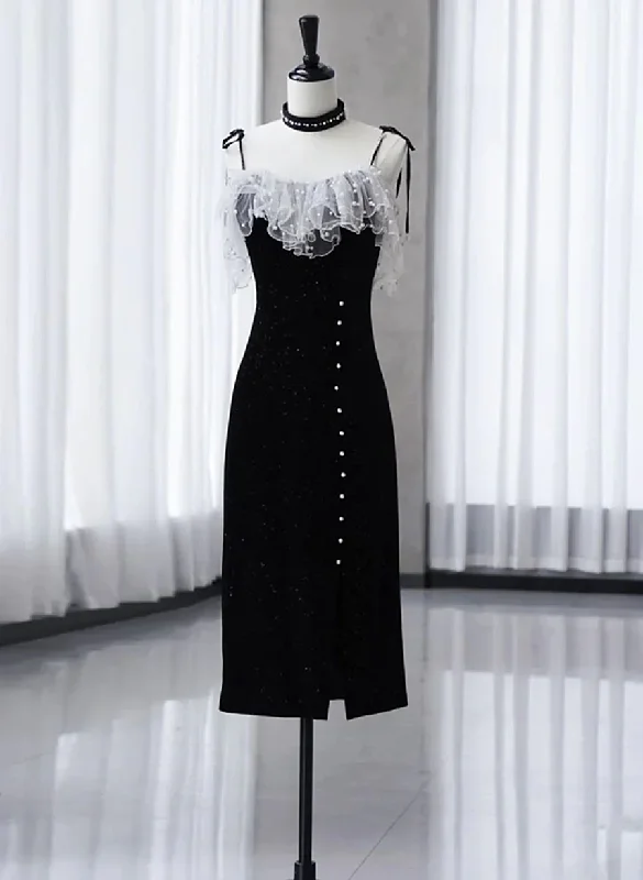 Black Tea Length Straps Beaded Formal Dress, Black Party Dress Evening Dress Turtleneck Warm Winter