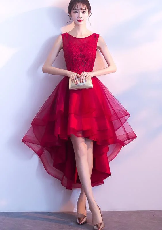 Beautiful Red Tulle High Low Party Dress, Red Homecoming Dress Sequined Elegant Party