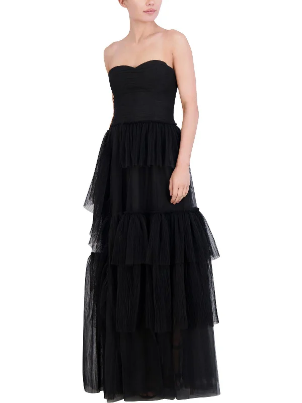 Womens Tulle Strapless Evening Dress Square Neckline Feminine