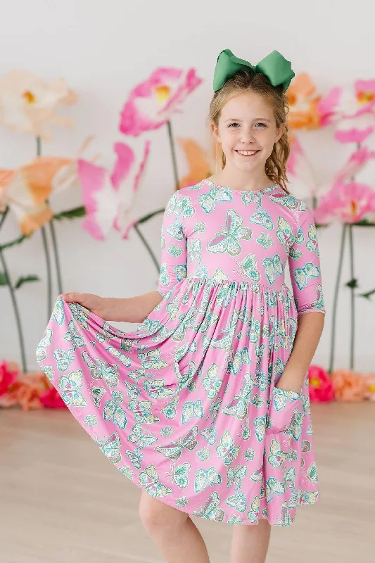 Butterfly Garden 3/4 Sleeve Pocket Twirl Dress Tunics Practical durable
