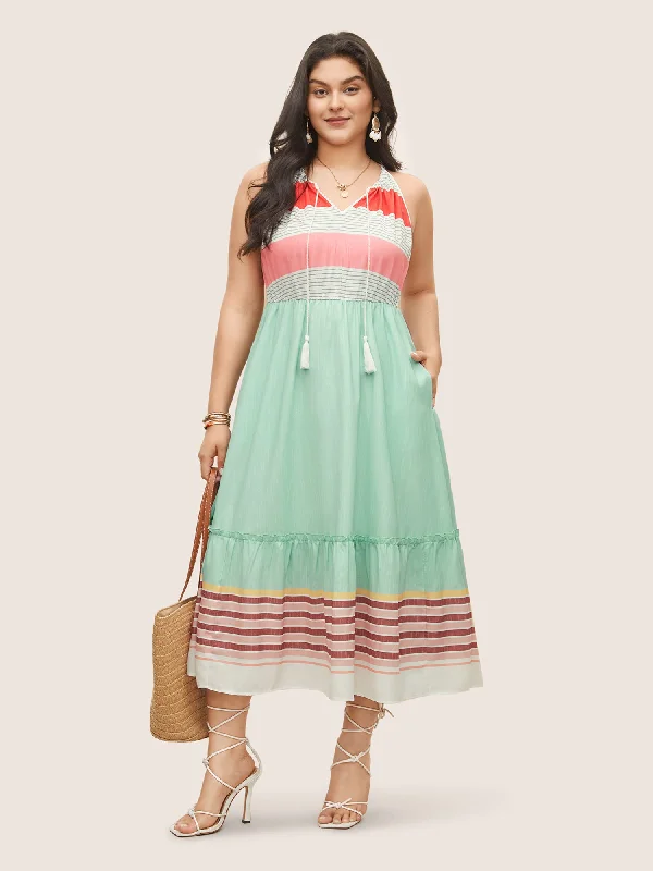 Striped Contrast Drawstring Knot Ties Dress Crew Neckline Casual