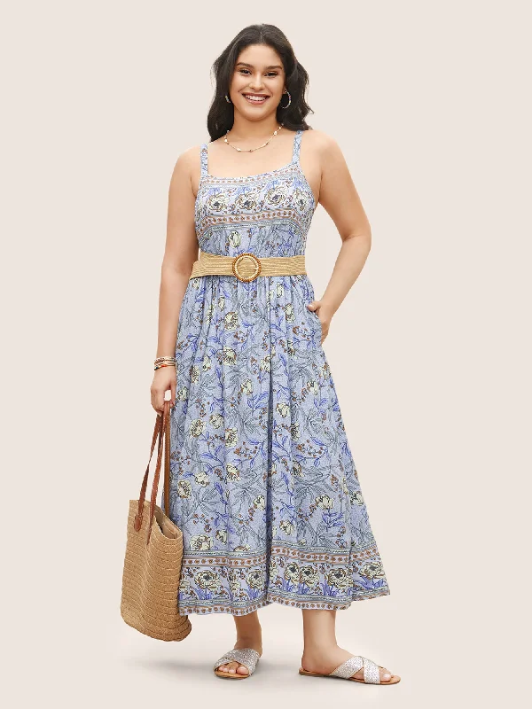 Floral Elastic Waist Adjustable Straps Cami Dress Tunics Polka dots