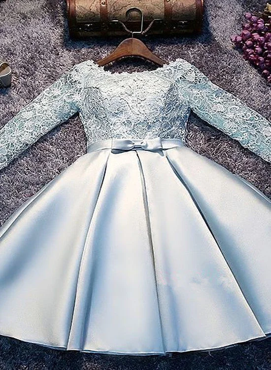 Light Blue Satin and Lace Long Sleeves Party Dress, Cute Short Graduation Dress Peplum Ruffle Cocktail
