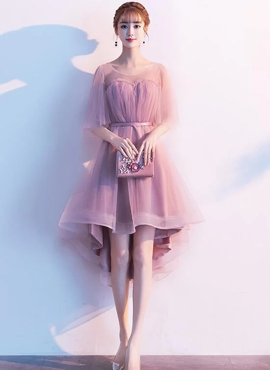 Cute Dark Pink High Low Tulle Round Neckline Party Dress, Short Pink Homecoming Dresses Tunics Canvas sturdy