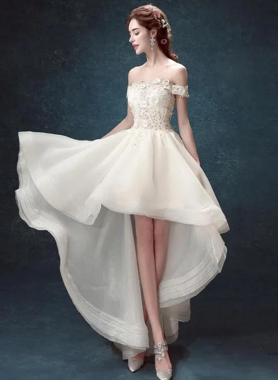 Lovely White High Low Lace Top Off Shoulder Party Dress, High Low Prom Dress Tunics Fall fleece