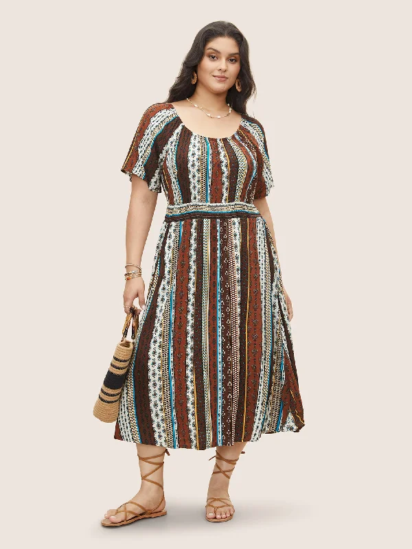 Bandana Striped Shirred Raglan Sleeve Dress Tunics Canvas sturdy