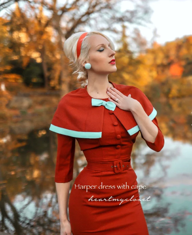 Harper - 1950s pencil dress with matching cape in premium fabric Tunics Business professional