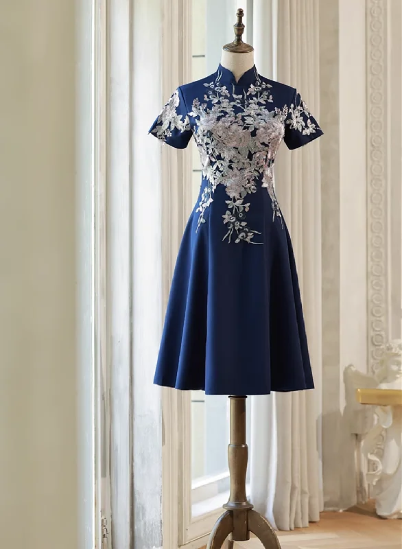 Navy Blue Short Sleeves Party Dress with Lace Applique, Short Cute Blue Wedding Party Dress Tunics Prom sequined