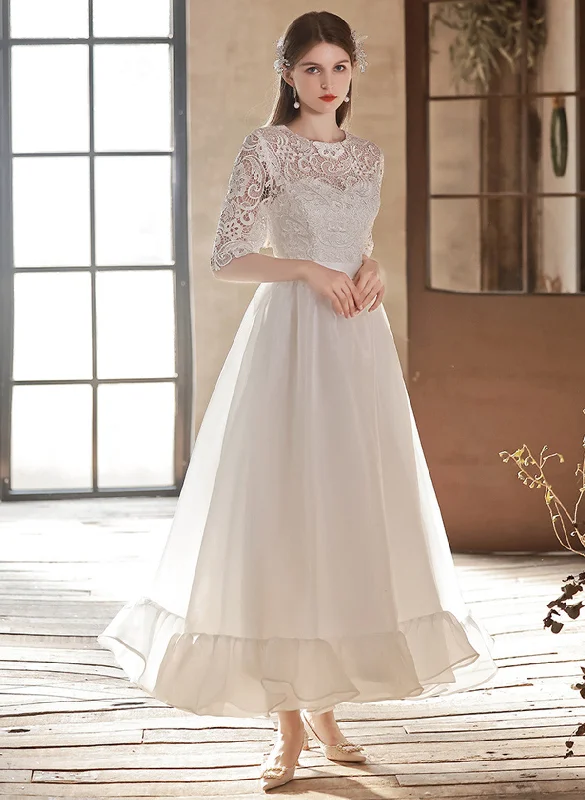 White Lace Short Sleeves Pretty Wedding Party Dress, White Graduation Dress Tunics Evening elegant