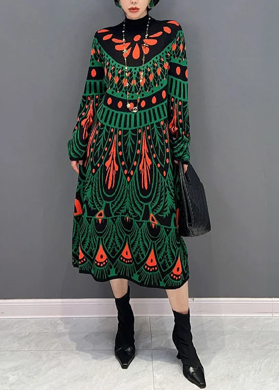 Fashion Green Hign Neck Print Knit Long Dress Winter Tunics Recommended stylist