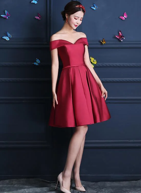Lovely Satin Off Shoulder Homecoming Dress, Knee Length Party Dress Lace Sexy Club