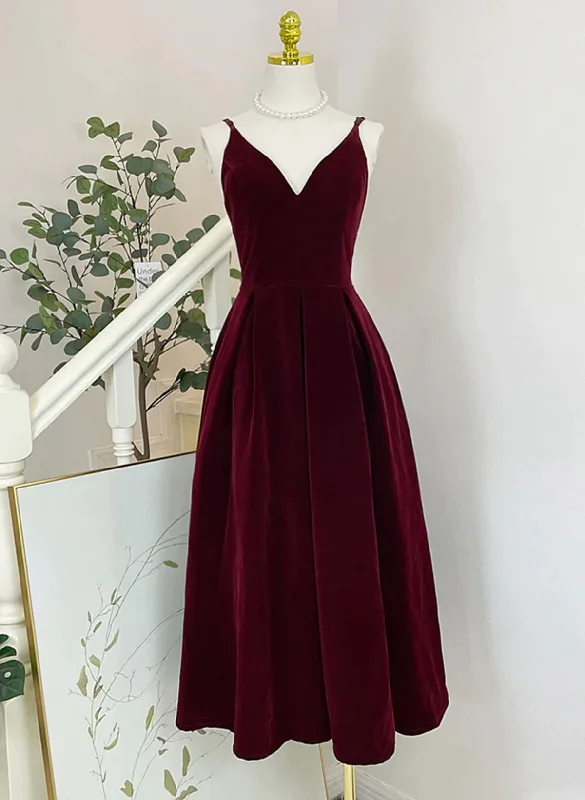 Wine Red Velvet Tea Length Homecoming Dress, Wine Red V-neckline Party Dress empire Waist empire