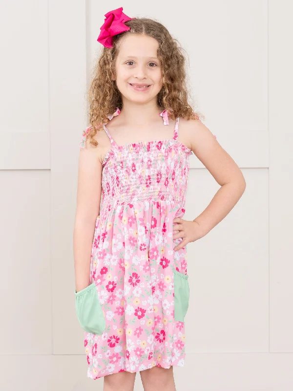 Pink Ditsy Garden Smocked Tie Dress Tunics Distressed trendy