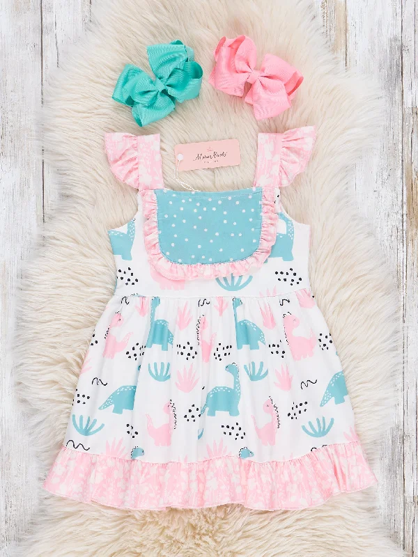 Dinosaurs & Dots Ruffle Dress Boat Neckline Classic