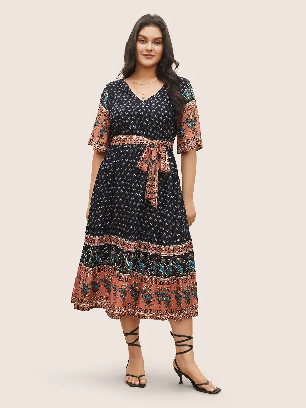 Paisley Print Belted Patchwork Ruffle Hem Dress Floral Print girly