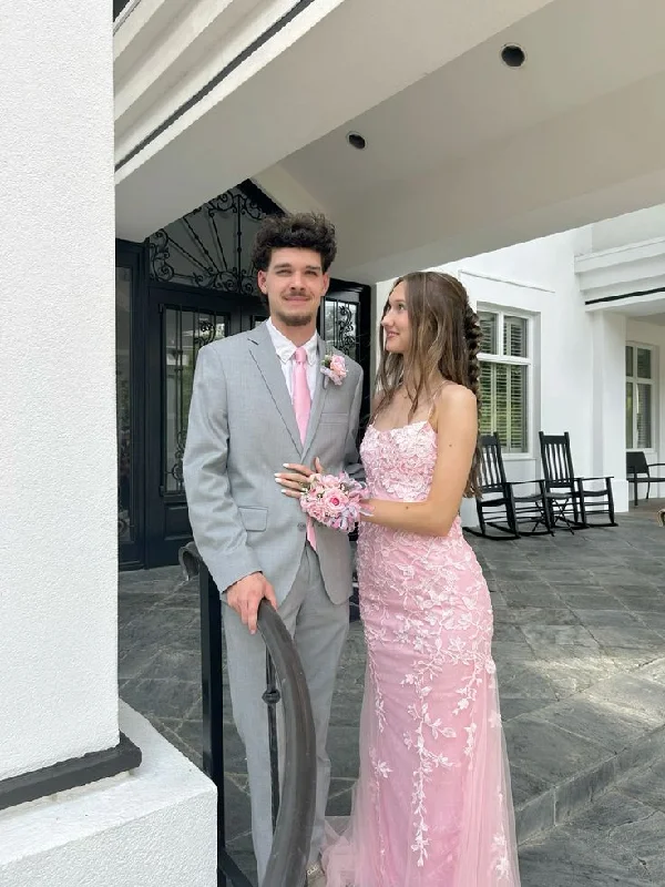 Light Pink Straps Mermaid Appliques Tulle Long Formal Party Dress, DP4745 Tunics Top rated