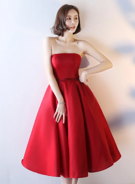 Red Satin Vintage Style Tea Length Evening Gown, Wedding Party Dress Tunics Winter warm