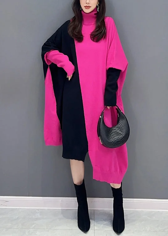 Casual Rose Turtleneck Asymmetrical Patchwork Cotton Knit Long Dress Fall Tunics Fall fleece