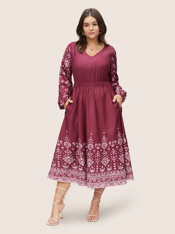 Bandana Print Shirred Elastic Cuffs Dress Tunics Cozy soft