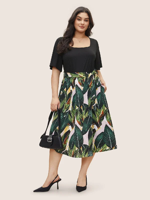 Plants Patchwork Pocket Square Neck Dress Tunics Evening elegant