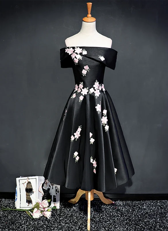 Black Knee Length Satin with Flowers Party Dress, Black Short Prom Dress Homecoming Dress Shift Classic Vintage