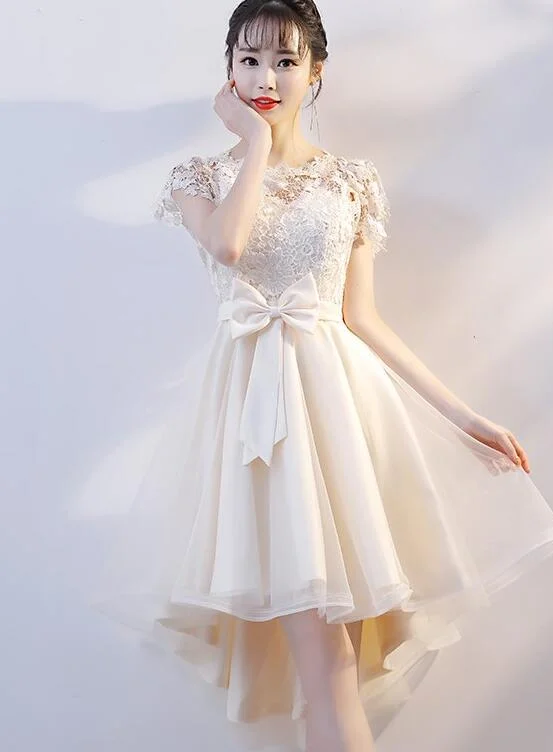 Lovely Champagne Tulle High Low Party Dress, Cute Lace Homecoming Dress with Bow Tunics Stylish elegant