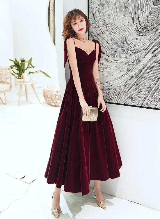 Dark Red Straps Velvet Elegant Tea Length Bridesmaid Dress, Burgundy Prom Dress Party Dress Tunics Business professional