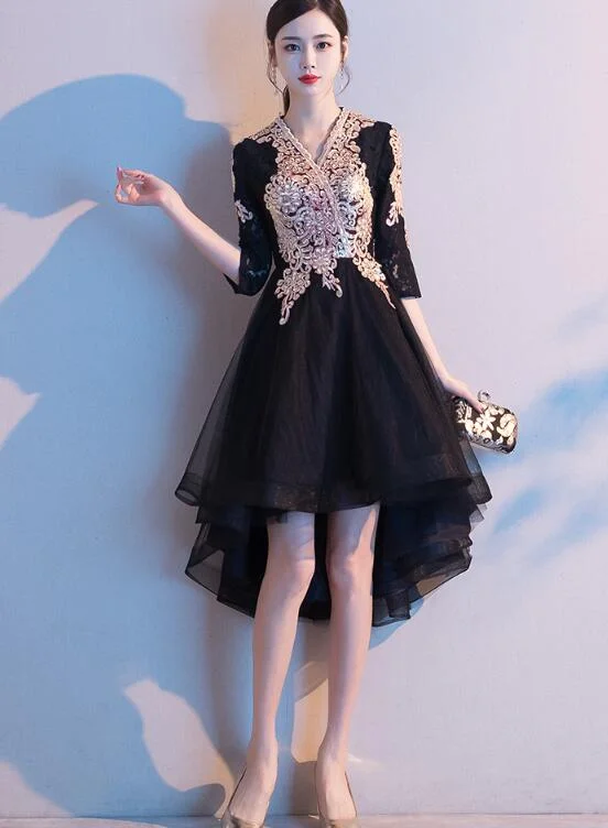 Black Tulle High Low Dress with Lace Applique, Short Wedding Party Dress Tunics Cozy soft