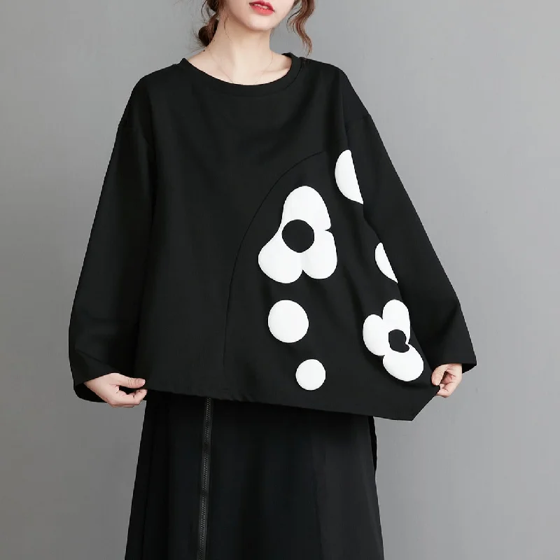 Black Floral Design Plus Sizes Spring Hoodies Hoodie with Hem Embroidery Detailed Premium