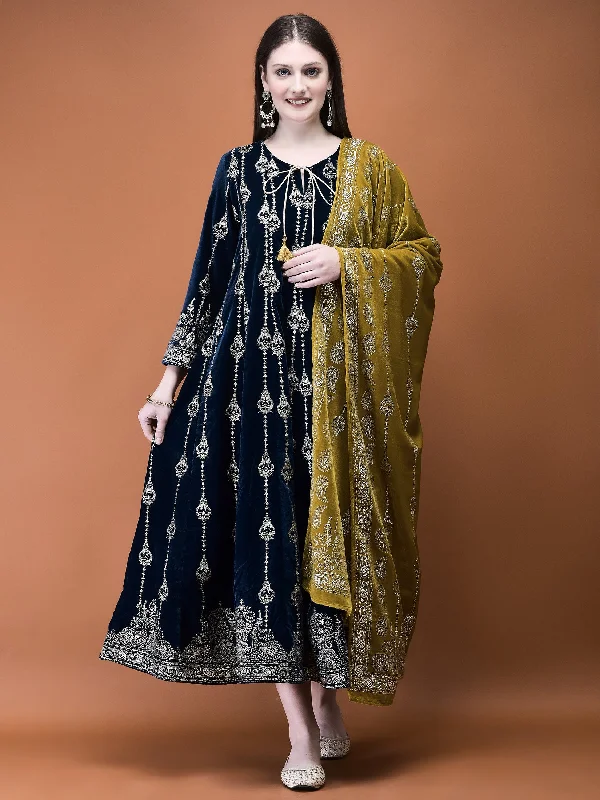 Women Winter Velvet Teal Ornamental Print Dress With Dupatta Tunics Chic elegant