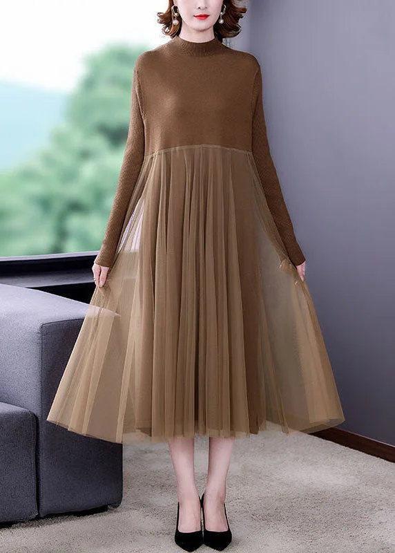 Unique Khaki Stand Collar Tulle Patchwork Knit Long Dress Long Sleeve Pencil Office Professional