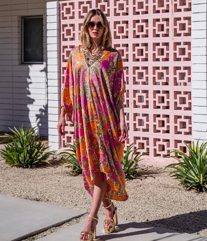Jennafer Grace Pink & Orange Voglia Rosa Print Caftan Dress Tunics Review highly