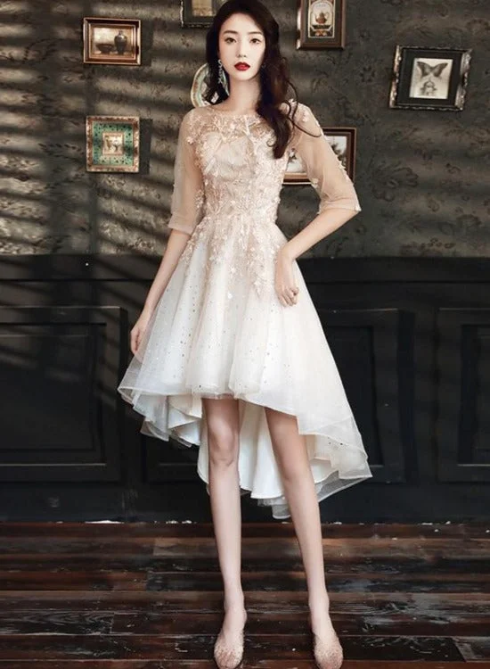 Light Champagne Lace Applique Short Sleeves High Low Party Dress, Short Homecoming Dresses Tunics New arrival