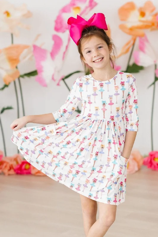 Ballerina Bows 3/4 Sleeve Pocket Twirl Dress Tunics Versatile functional